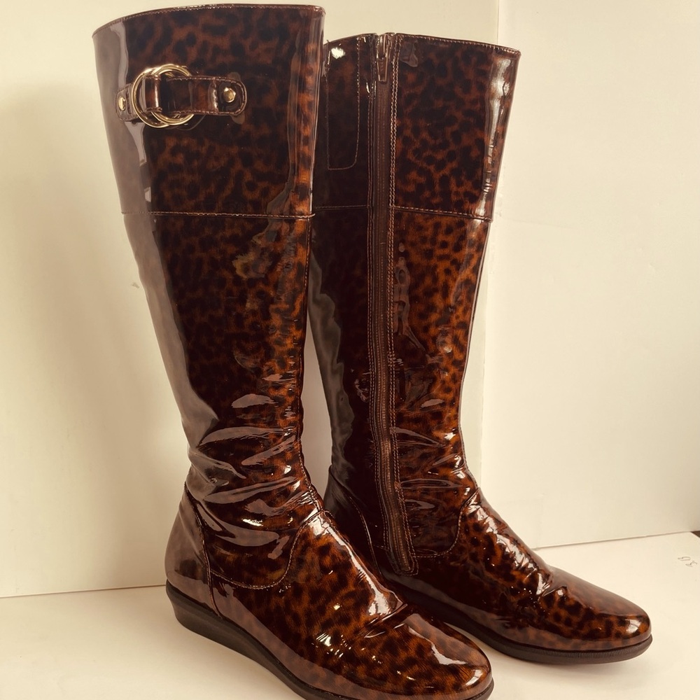 Cole Haan women’s “Air” Melanie knee high rain boots in Tortoise patent